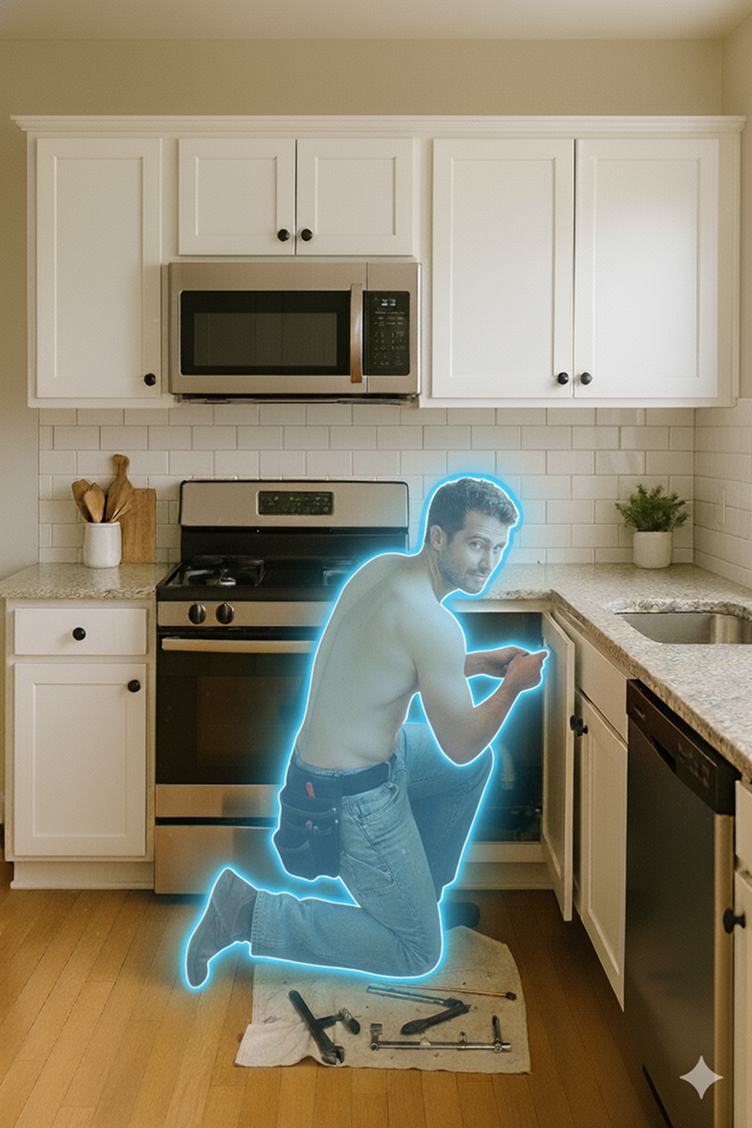 After prank - AI-generated shirtless plumber